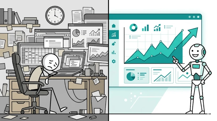 Split illustration comparing a founder doing manual SEO with spreadsheets versus an AI CMO running SEO on autopilot