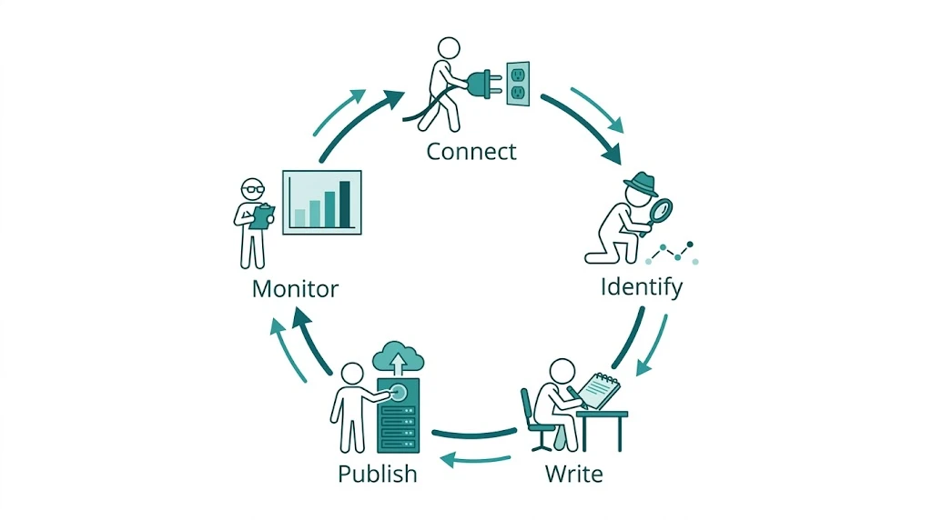 Circular diagram showing the AI SEO autopilot loop: connect GSC, identify gaps, write content, publish, monitor, repeat