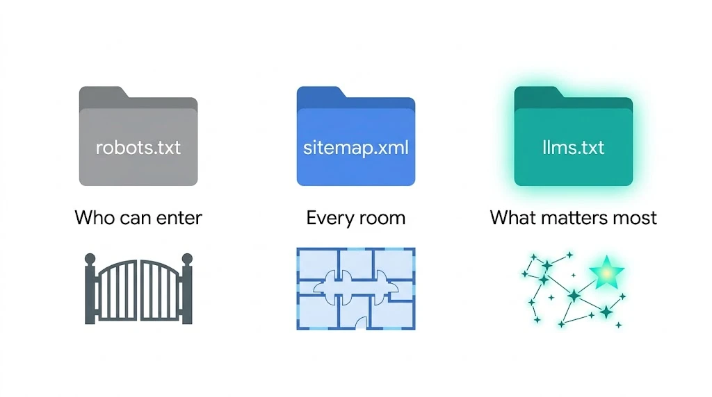 Comparison illustration showing the three website root files: robots.txt for crawler access control, sitemap.xml for full URL indexing, and llms.txt for AI content routing - each serving a different purpose in 2026 search visibility
