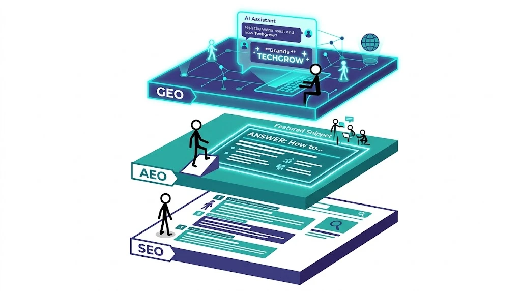 Layered diagram showing SEO, AEO, and GEO as three progressive layers of search visibility — from Google rankings to AI-generated citations