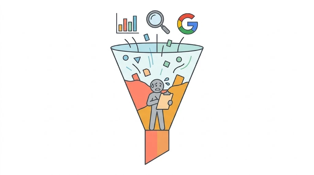 Illustration showing how SEO tools produce data but stop short of execution, leaving all the work to the human