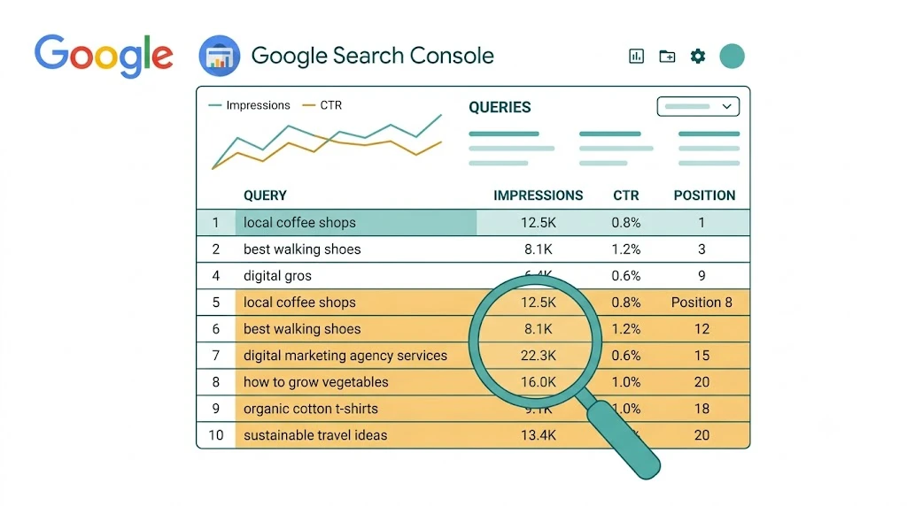 Google Search Console query report with near-win keywords highlighted — positions 8 to 20 with high impressions and low click-through rates representing the fastest SEO gap opportunities